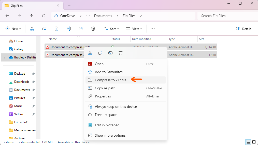 Compressing files folders to zip files dietitians australia